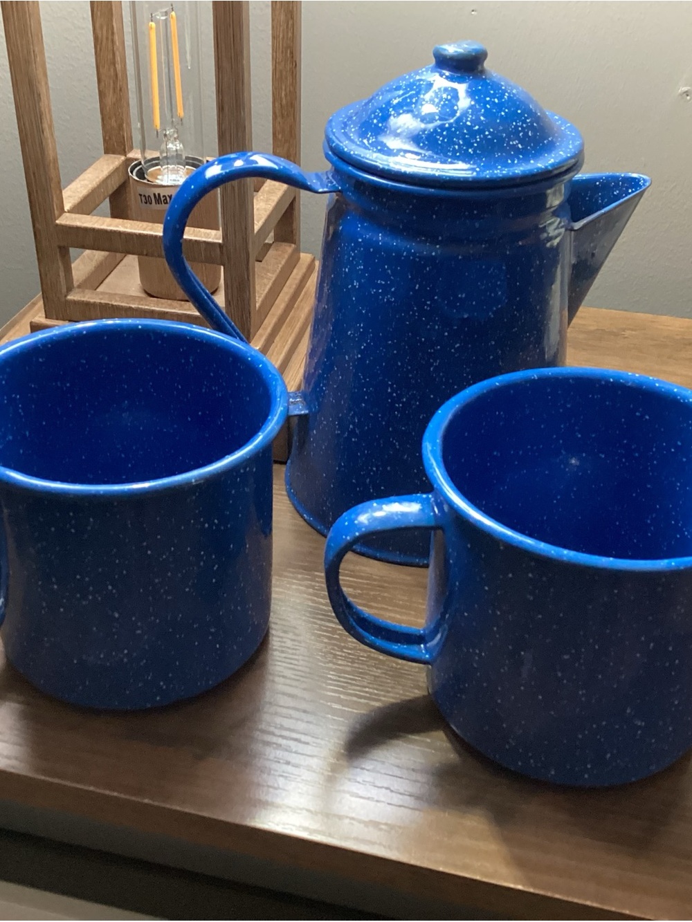 Blue Speckled Enamel Coffee Pot & Mugs Set